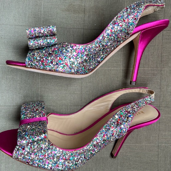 Kate Spade Fuchsia Pink Glitter Bow Heels 6.5 Shoes Sequin Peep Toe HOST PICK 💖 - Picture 3 of 5